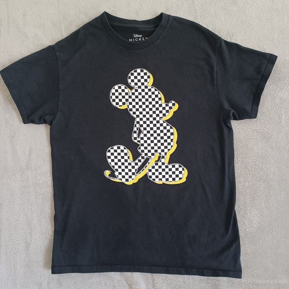 Disney Mickey Mouse Tee Md Black Checkered Black Yellow 90s Graphic Womens‎ - Picture 1 of 7